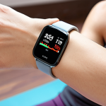 **

A person wearing a smartwatch, overlaid with a transparent graphic showing heart rate variability data. In the background, a blurred image of a yoga class. The overall tone is calming and tech-forward, illustrating the use of wearable tech for mood tracking and personalized wellness.

**