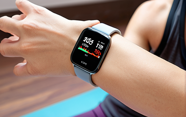**
A person wearing a smartwatch, overlaid with a transparent graphic showing heart rate variability data. In the background, a blurred image of a yoga class. The overall tone is calming and tech-forward, illustrating the use of wearable tech for mood tracking and personalized wellness.
**