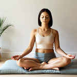 **

A serene and inviting meditation space bathed in soft, natural light. A person is sitting comfortably in a cross-legged position on a cushion, eyes gently closed, practicing mindful breathing. Subtle visual cues of calmness like a small indoor plant, a softly lit candle, and muted colors create a tranquil atmosphere. The overall feeling should be one of peace, focus, and inner sanctuary, emphasizing the concept of cultivating mindfulness.

**