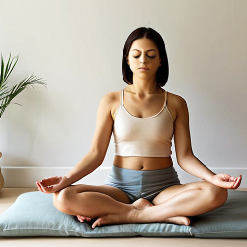 **

A serene and inviting meditation space bathed in soft, natural light. A person is sitting comfortably in a cross-legged position on a cushion, eyes gently closed, practicing mindful breathing. Subtle visual cues of calmness like a small indoor plant, a softly lit candle, and muted colors create a tranquil atmosphere. The overall feeling should be one of peace, focus, and inner sanctuary, emphasizing the concept of cultivating mindfulness.

**