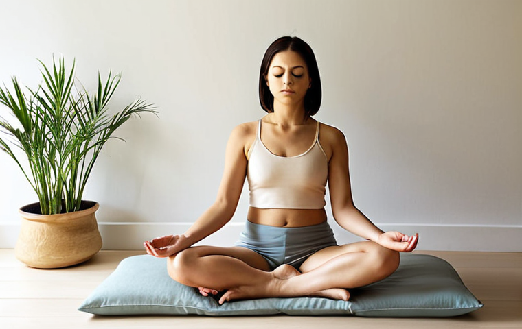 **

A serene and inviting meditation space bathed in soft, natural light. A person is sitting comfortably in a cross-legged position on a cushion, eyes gently closed, practicing mindful breathing. Subtle visual cues of calmness like a small indoor plant, a softly lit candle, and muted colors create a tranquil atmosphere. The overall feeling should be one of peace, focus, and inner sanctuary, emphasizing the concept of cultivating mindfulness.

**