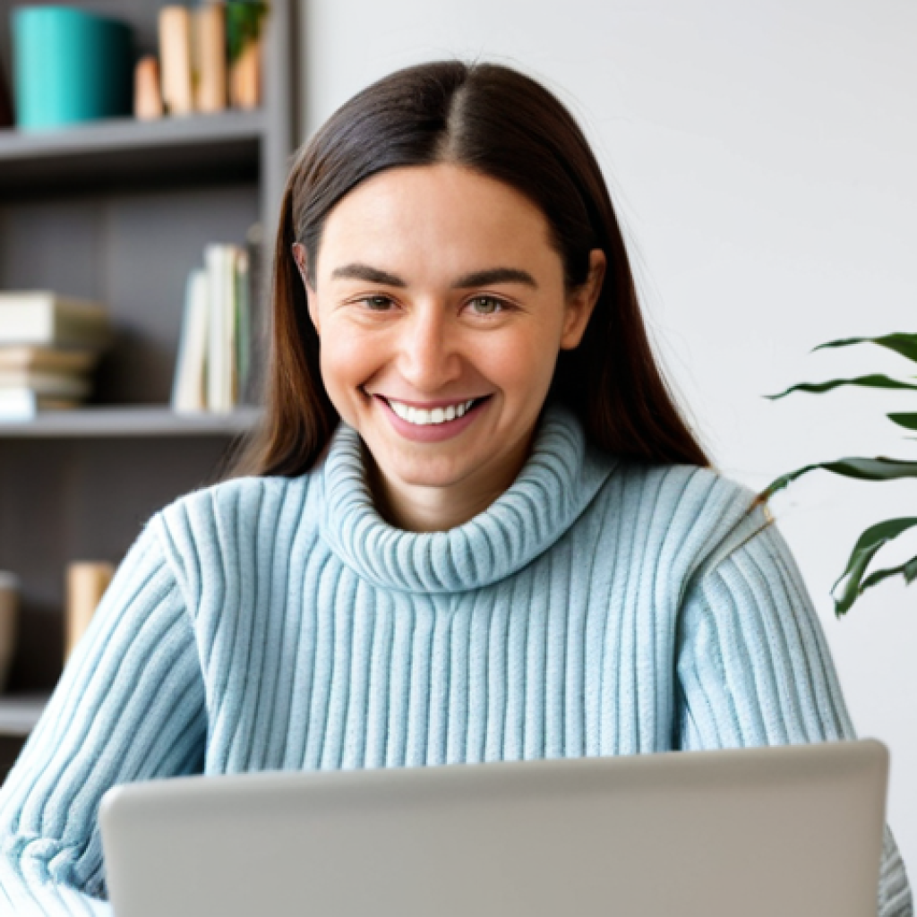 Telehealth Session**

"A woman in her late 20s, with a warm and friendly smile, wearing a comfortable, modest sweater, participating in a video therapy session on her laptop in a bright, cozy living room. Behind her is a bookshelf and a potted plant. The therapist is visible on the screen, nodding empathetically. safe for work, appropriate content, fully clothed, family-friendly, professional, perfect anatomy, correct proportions, natural pose, well-lit, modern aesthetic."

**
