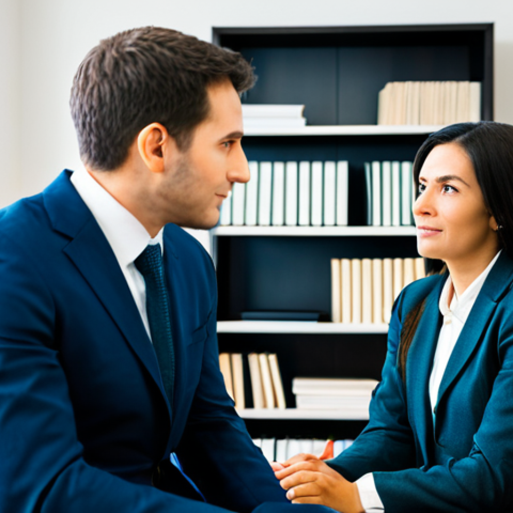 **

"A therapist in a bright, calming office, fully clothed in professional attire, actively listening to a client sitting across from them. Bookshelves and soft lighting in the background. The scene should convey empathy and understanding. Safe for work, appropriate content, family-friendly, perfect anatomy, correct proportions, natural pose, high quality."

**