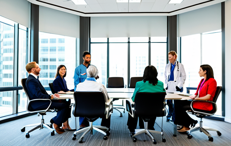 **Prompt:** A diverse group of healthcare professionals in a brightly lit conference room, participating in an ethics training workshop, fully clothed, appropriate attire, safe for work, professional, modest, emphasizing education and collaboration, perfect anatomy, correct proportions, natural pose, professional photography, high quality.