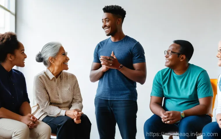 정신건강 문제 해결을 위한 국제 협력 - **Prompt:** A vibrant, diverse group of young adults and older individuals from various cultural bac...