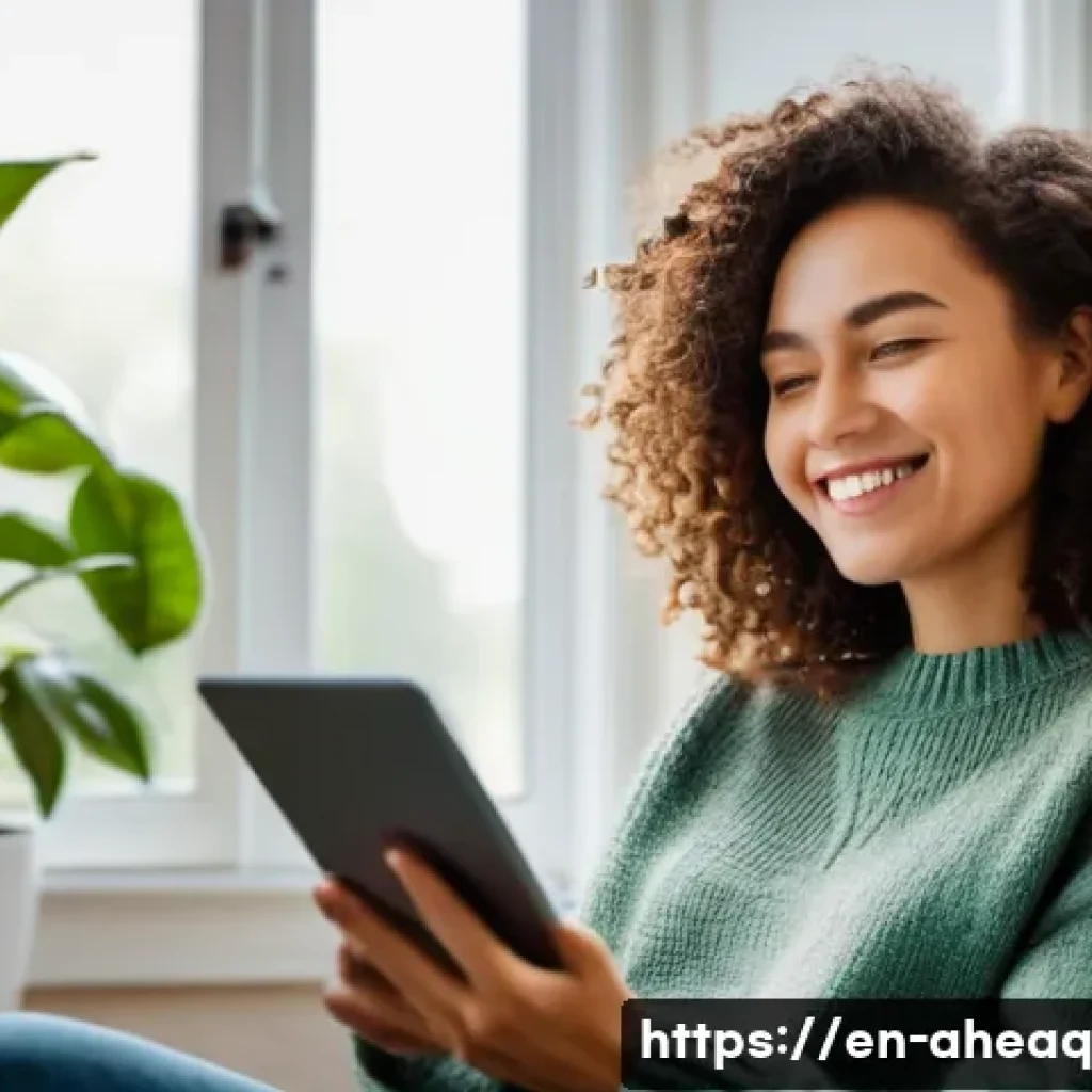 정신건강 치료의 디지털 트랜스포메이션 - **Prompt:** A young woman in her late 20s, with short, curly brown hair, sits comfortably on a plush...