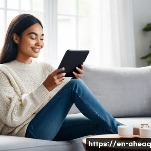 정신건강 케어의 새로운 패러다임 - **Prompt:** "A young adult (female, 20s, diverse ethnicity) is comfortably seated on a modern sofa i...