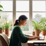정신건강 케어에서의 예방적 접근법 - A serene morning scene showing a cozy home workspace bathed in soft natural light, featuring a perso...