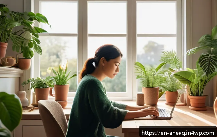 정신건강 케어에서의 예방적 접근법 - A serene morning scene showing a cozy home workspace bathed in soft natural light, featuring a perso...