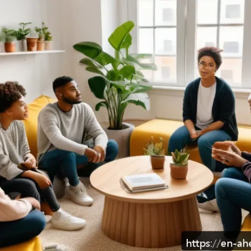 정신건강 케어에서 소셜 미디어의 역할 - A cozy, warmly lit room showing a diverse group of young adults sitting in a small circle, engaged i...