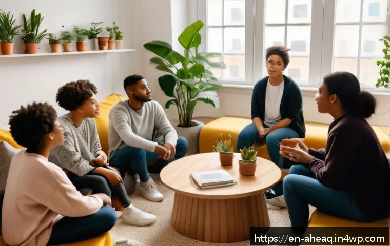 정신건강 케어에서 소셜 미디어의 역할 - A cozy, warmly lit room showing a diverse group of young adults sitting in a small circle, engaged i...