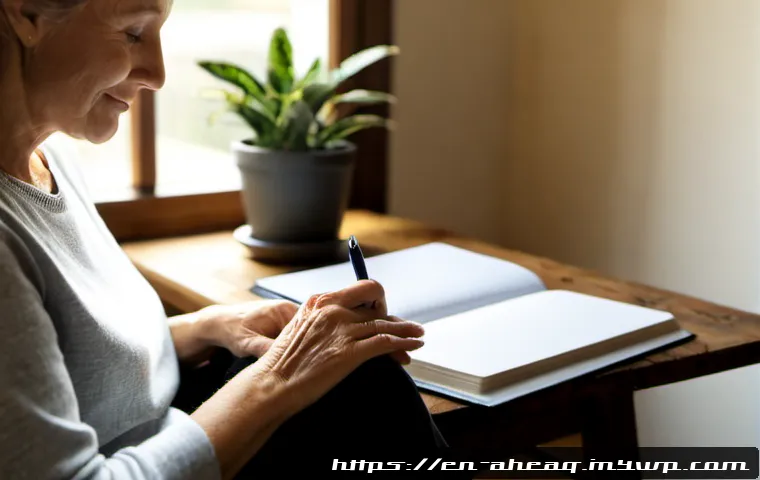 Home 17 정신건강을 위한 심리적 회복력 강화 방법 - Photorealistic scene of a middle-aged woman building emotional resilience through a calm morning rou...